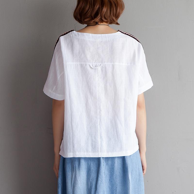 Cotton Linen Blouse Clothing High-low Hem Summer Short Sleeve White Blouse