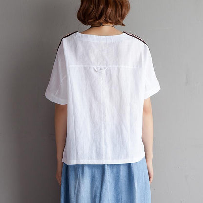 Cotton Linen Blouse Clothing High-low Hem Summer Short Sleeve White Blouse