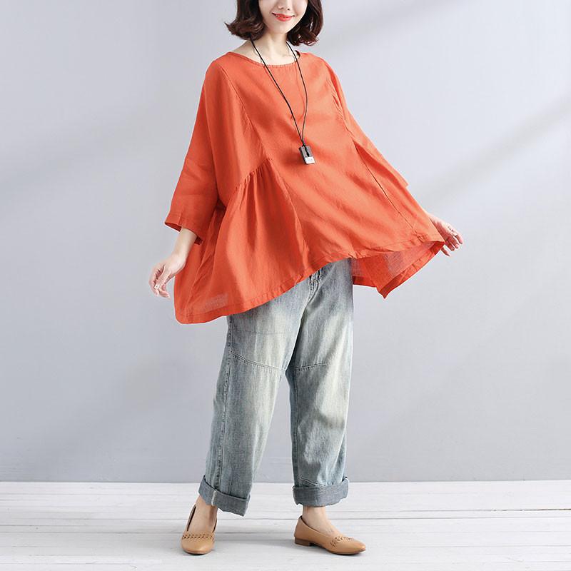 Cotton Linen Blouse Loose Simple Folded Orange Shirt