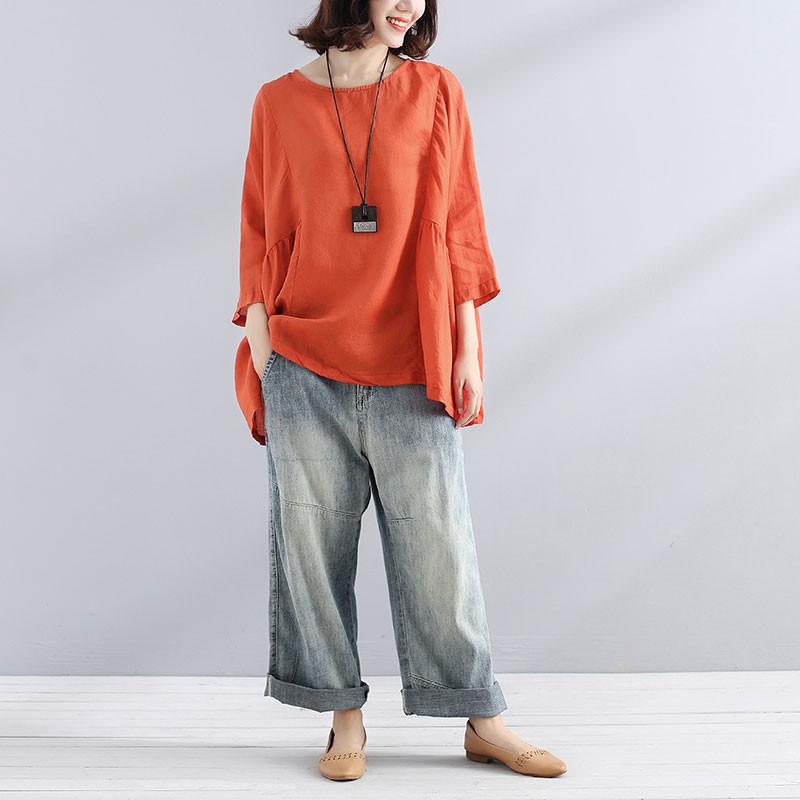 Cotton Linen Blouse Loose Simple Folded Orange Shirt
