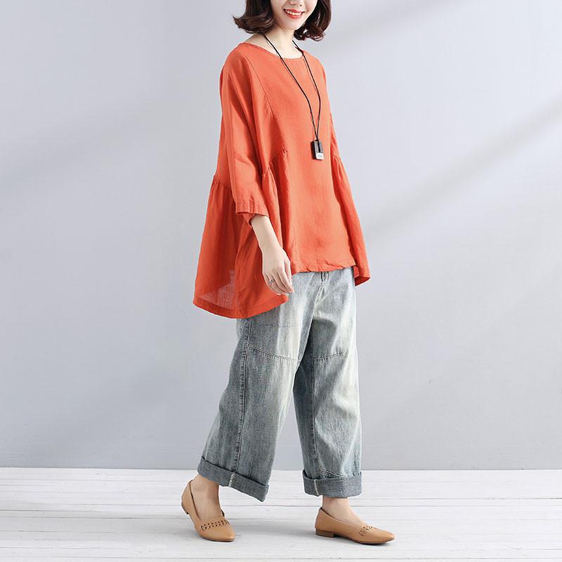 Cotton Linen Blouse Loose Simple Folded Orange Shirt