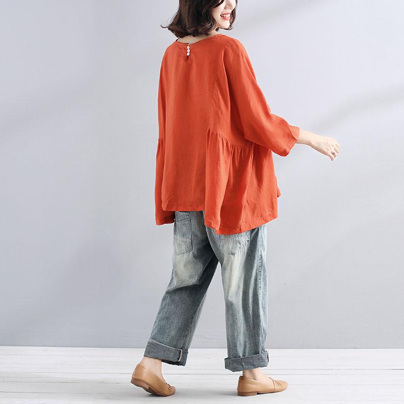 Cotton Linen Blouse Loose Simple Folded Orange Shirt