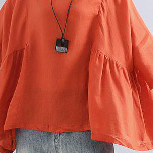 Cotton Linen Blouse Loose Simple Folded Orange Shirt
