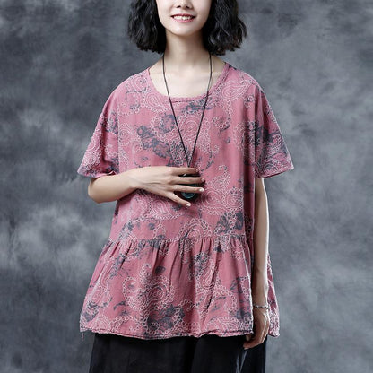 Cotton Linen Blouses Pleated Summer Short Sleeve Embroidery Pink Loose Blouse