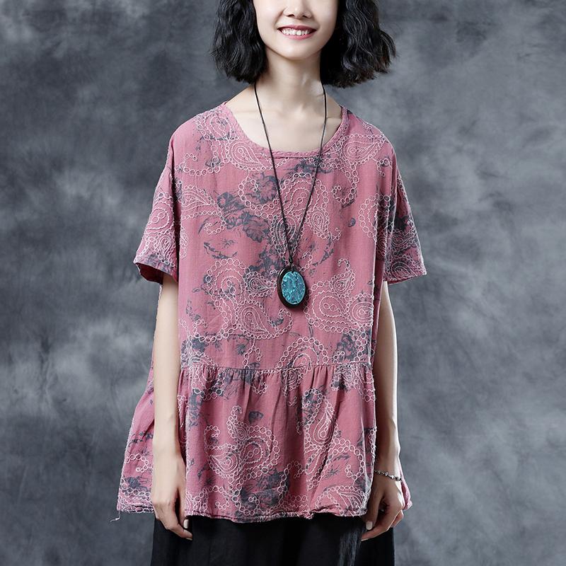 Cotton Linen Blouses Pleated Summer Short Sleeve Embroidery Pink Loose Blouse
