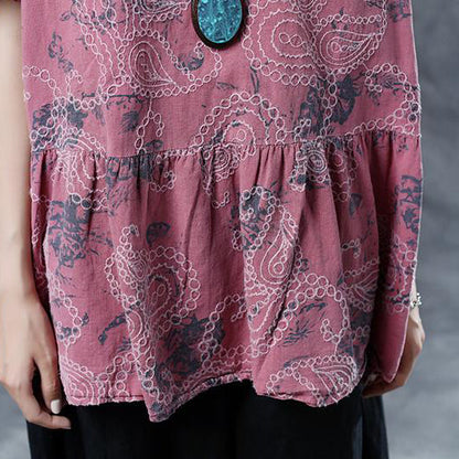 Cotton Linen Blouses Pleated Summer Short Sleeve Embroidery Pink Loose Blouse