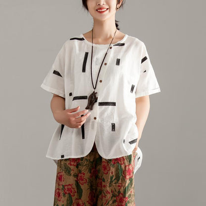 Cotton Shirts Round Neck Short Sleeve Summer White High-low Hem Blouse