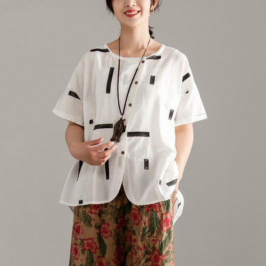 Cotton Shirts Round Neck Short Sleeve Summer White High-low Hem Blouse