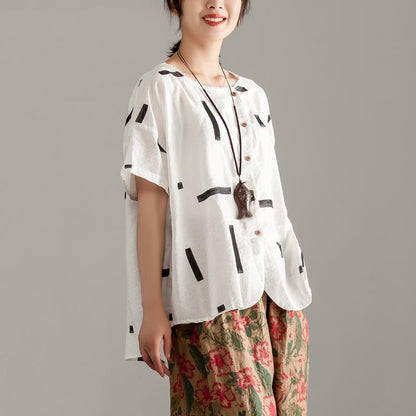Cotton Shirts Round Neck Short Sleeve Summer White High-low Hem Blouse