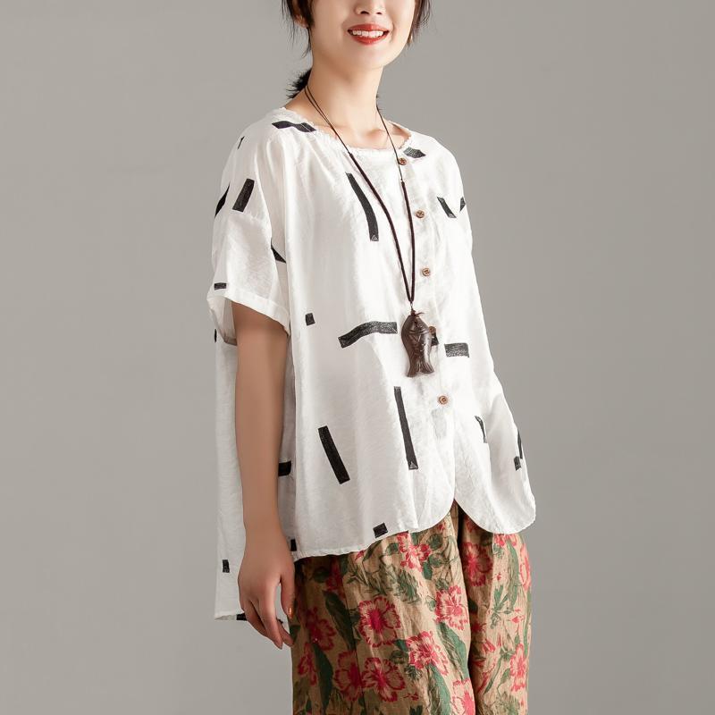Cotton Shirts Round Neck Short Sleeve Summer White High-low Hem Blouse