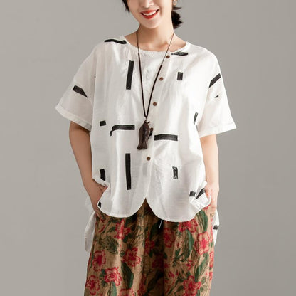 Cotton Shirts Round Neck Short Sleeve Summer White High-low Hem Blouse