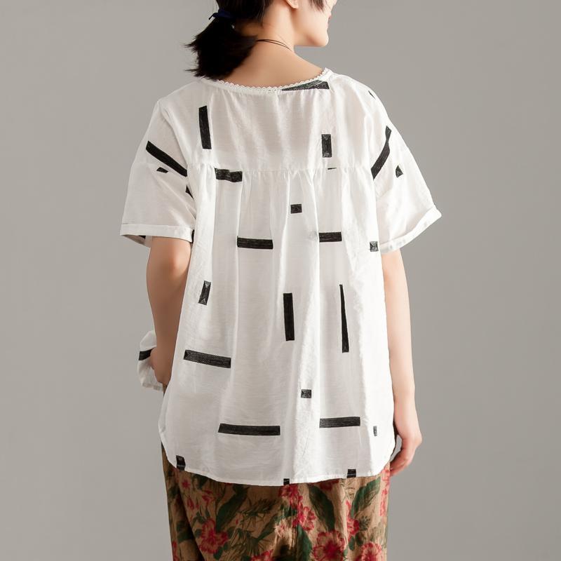 Cotton Shirts Round Neck Short Sleeve Summer White High-low Hem Blouse