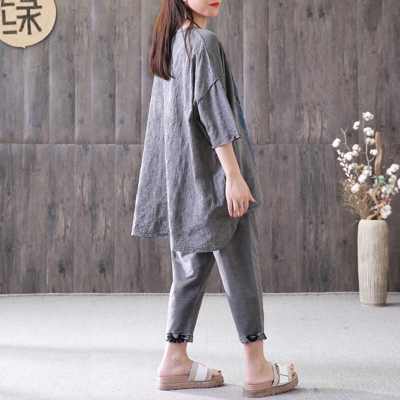Cotton Summer Top Loose Gray High-low Hem Summer Suit