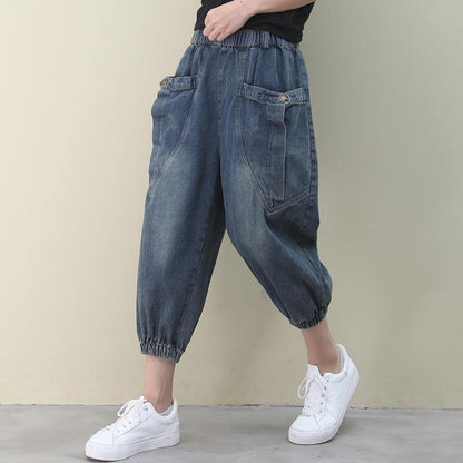 Dark Denim Blue Trousers Summer Pockets Cotton Shorts