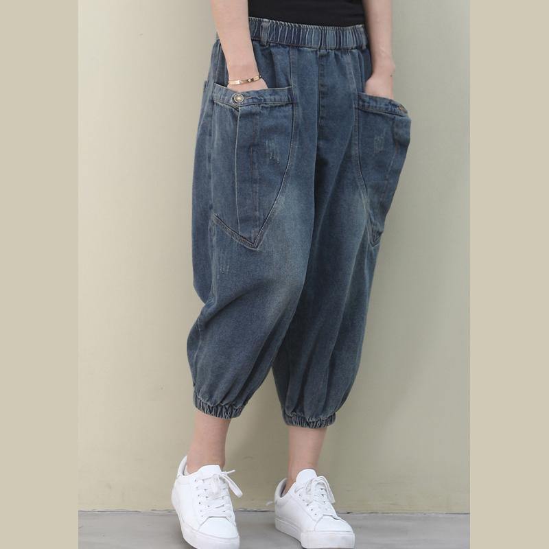 Dark Denim Blue Trousers Summer Pockets Cotton Shorts