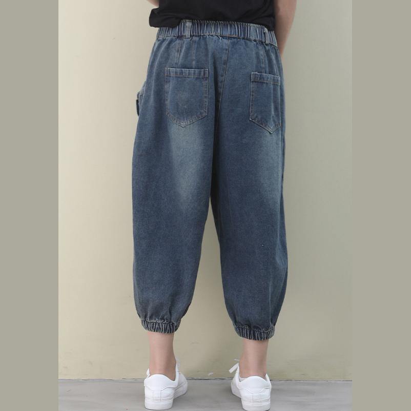 Dark Denim Blue Trousers Summer Pockets Cotton Shorts