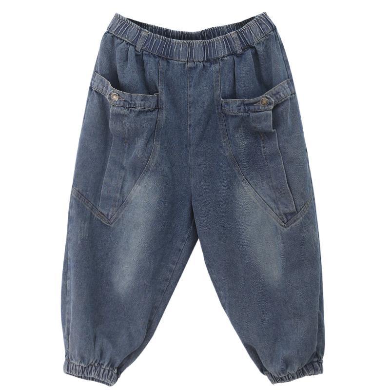 Dark Denim Blue Trousers Summer Pockets Cotton Shorts