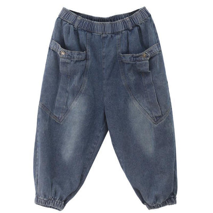 Dark Denim Blue Trousers Summer Pockets Cotton Shorts