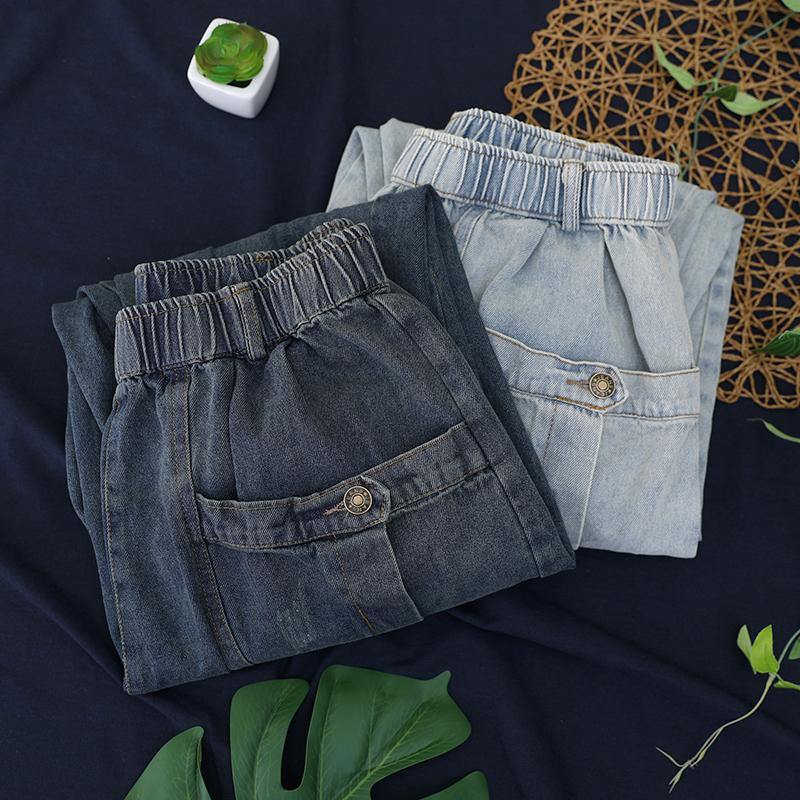 Dark Denim Blue Trousers Summer Pockets Cotton Shorts
