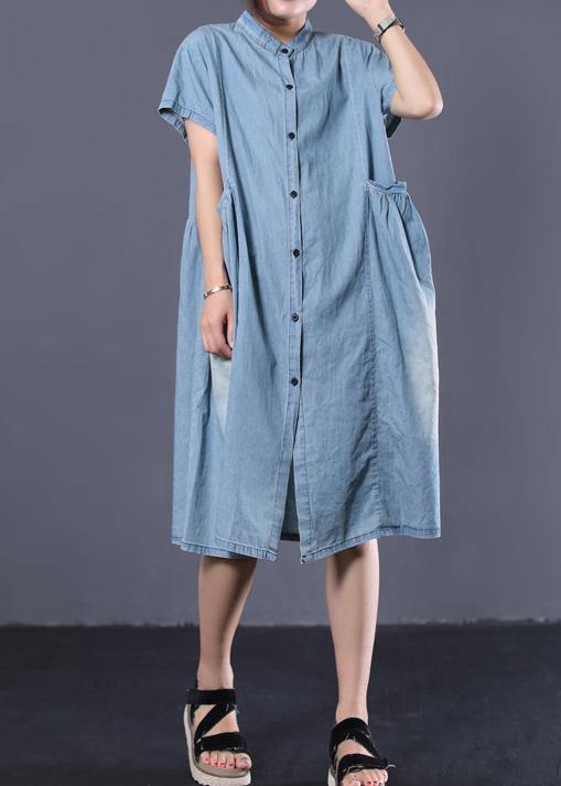 Denim Blue Cotton Clothes Cinched Pockets Long Summer Dresses