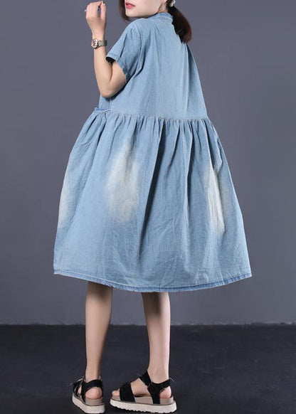 Denim Blue Cotton Clothes Cinched Pockets Long Summer Dresses