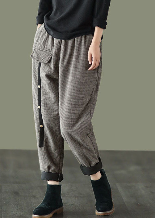 Elastic Waist Plaid Fine Cotton Filled Pants Winter