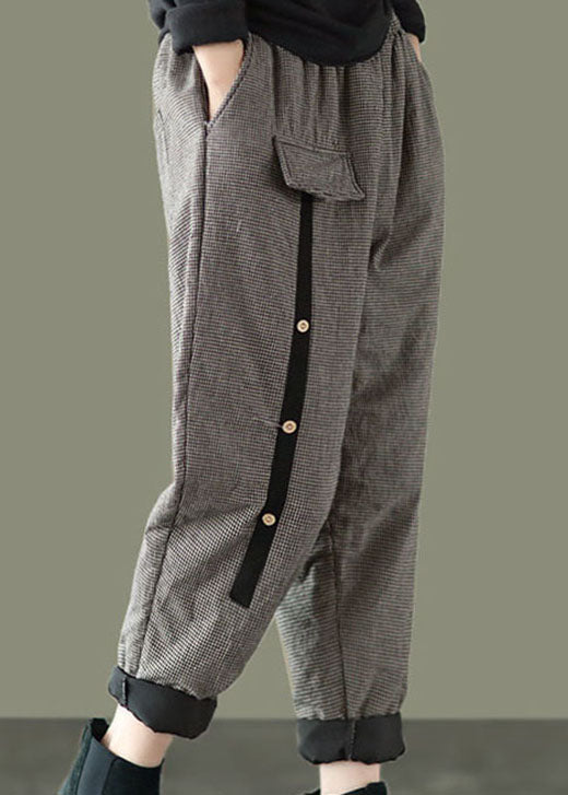 Elastic Waist Plaid Fine Cotton Filled Pants Winter