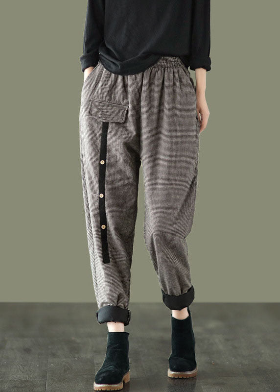 Elastic Waist Plaid Fine Cotton Filled Pants Winter