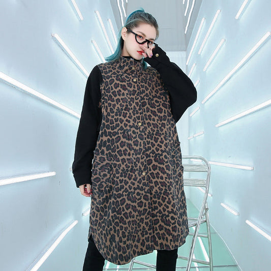 Coat Loose Fitting Stand Collar Coat New Patchwork Pockets Long Coat