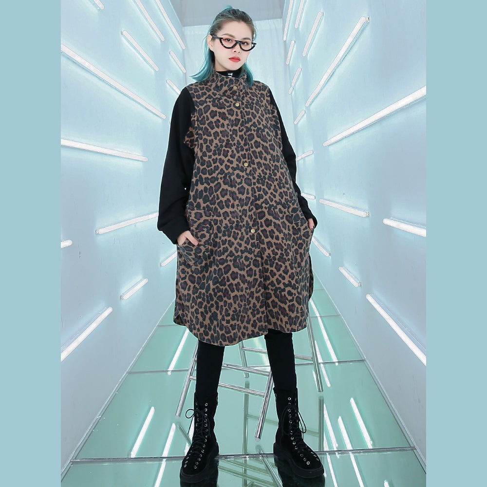 Coat Loose Fitting Stand Collar Coat New Patchwork Pockets Long Coat