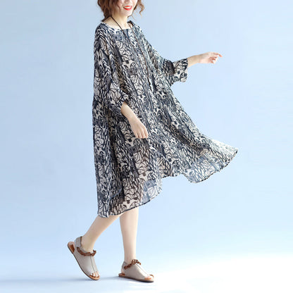 Cotton Linen Knee Dress Oversized Batwing Sleeve Large Hem Linen Cotton Dress O Neck Cinched Dresses