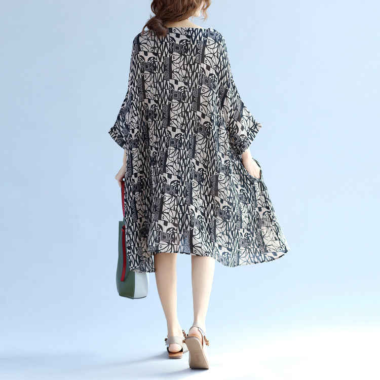 Cotton Linen Knee Dress Oversized Batwing Sleeve Large Hem Linen Cotton Dress O Neck Cinched Dresses