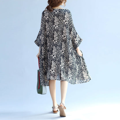Cotton Linen Knee Dress Oversized Batwing Sleeve Large Hem Linen Cotton Dress O Neck Cinched Dresses