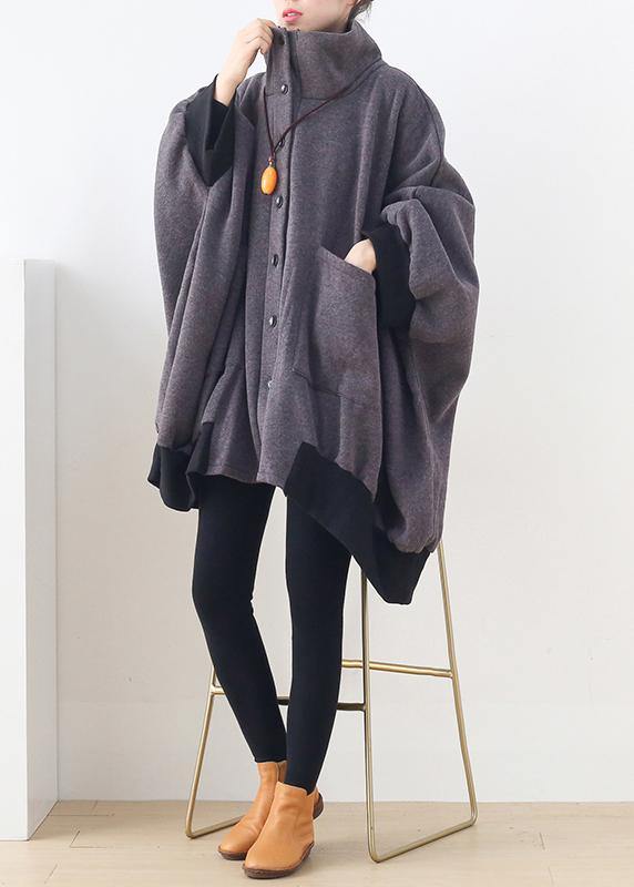 Gray Tunic Pattern Outfits High Neck Zippered Fall Coat