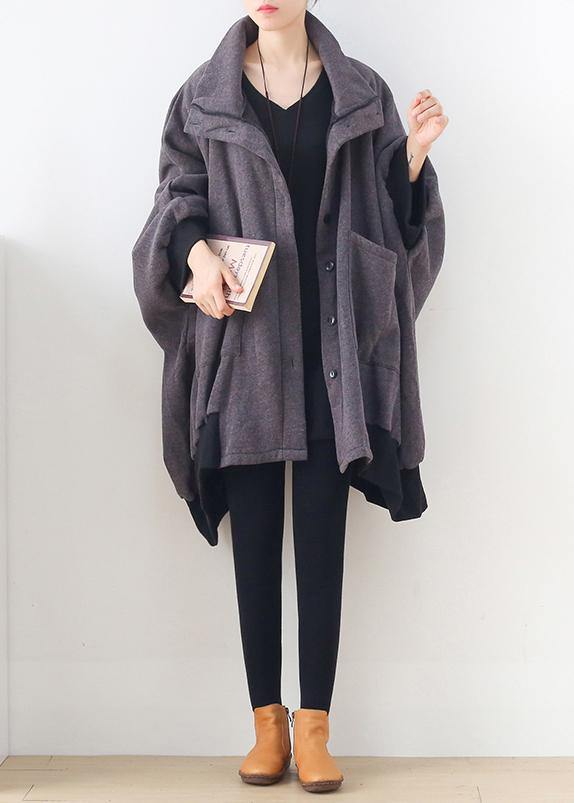 Gray Tunic Pattern Outfits High Neck Zippered Fall Coat