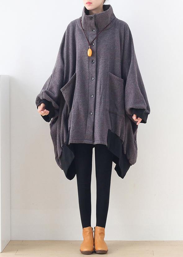Gray Tunic Pattern Outfits High Neck Zippered Fall Coat