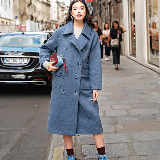 Gray Blue Wool Coat Notched Pockets Double Breasted Wool Coat