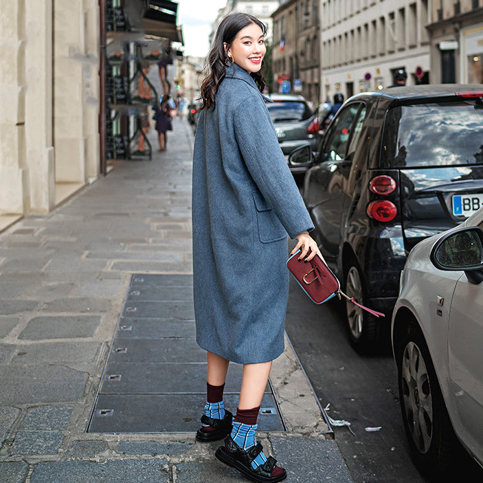 Gray Blue Wool Coat Notched Pockets Double Breasted Wool Coat