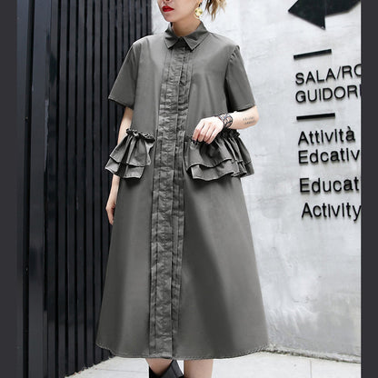 Gray Green Cotton Knee Dress Oversize Traveling Clothing Lapel Collar Ruffles Cotton Clothing Dresses