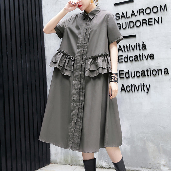 Gray Green Cotton Knee Dress Oversize Traveling Clothing Lapel Collar Ruffles Cotton Clothing Dresses