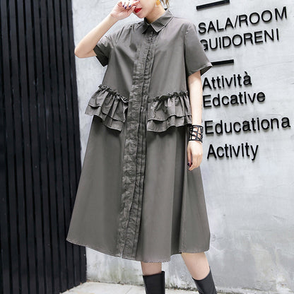 Gray Green Cotton Knee Dress Oversize Traveling Clothing Lapel Collar Ruffles Cotton Clothing Dresses