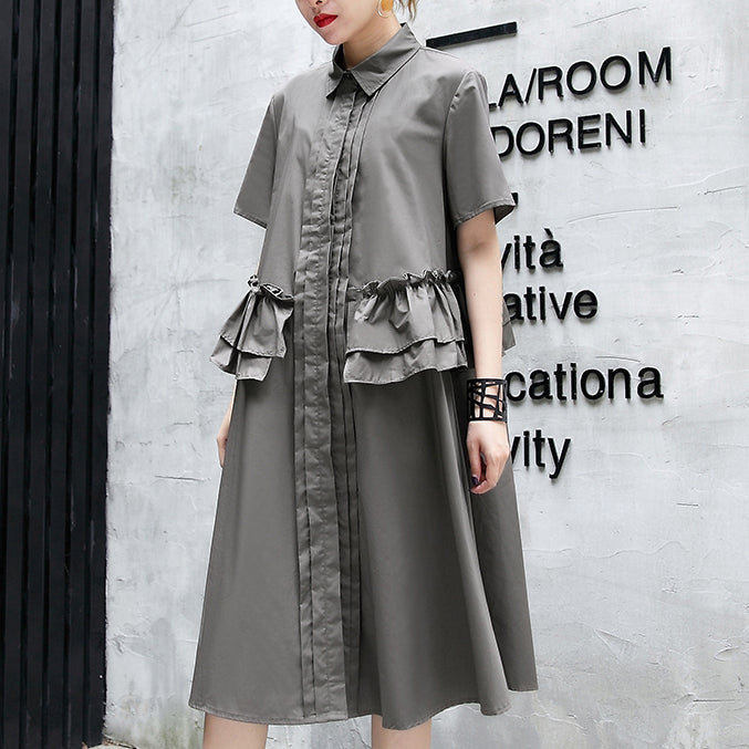 Gray Green Cotton Knee Dress Oversize Traveling Clothing Lapel Collar Ruffles Cotton Clothing Dresses