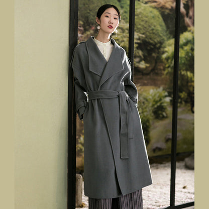 Gray Green Woolen Coats Clothing Back Open Winter Coat Tie Waist Outwear