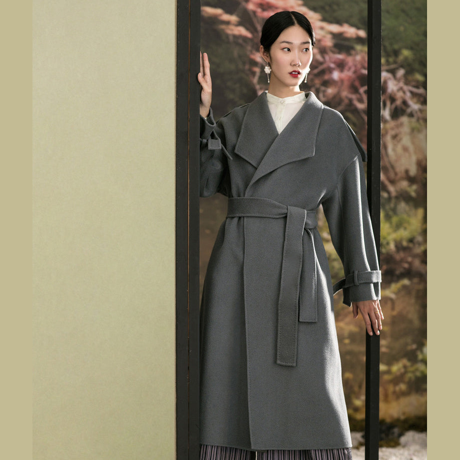 Gray Green Woolen Coats Clothing Back Open Winter Coat Tie Waist Outwear