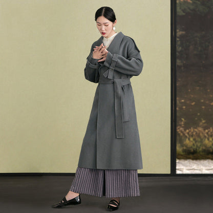 Gray Green Woolen Coats Clothing Back Open Winter Coat Tie Waist Outwear