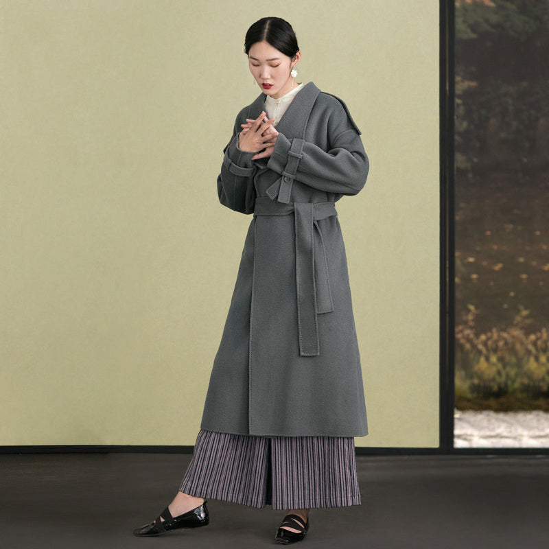 Gray Green Woolen Coats Clothing Back Open Winter Coat Tie Waist Outwear