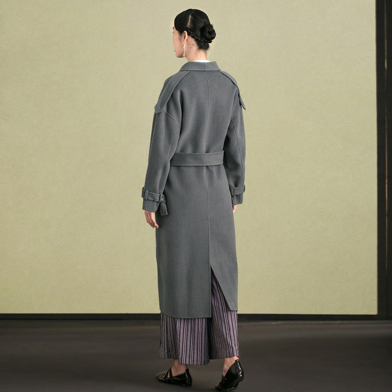 Gray Green Woolen Coats Clothing Back Open Winter Coat Tie Waist Outwear