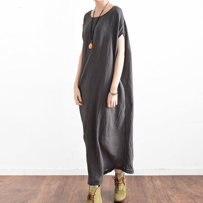 Gray Oversized Summer Linen Dresses Side Drape Asymmetrical Cotton
