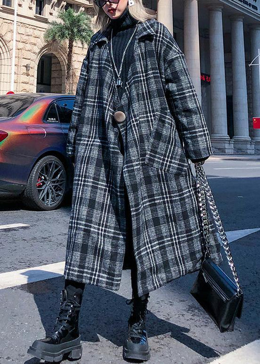 Gray Plaid Woolen Coat Notched Pockets Long Coats