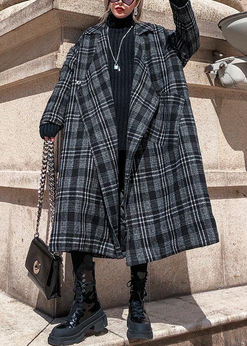 Gray Plaid Woolen Coat Notched Pockets Long Coats